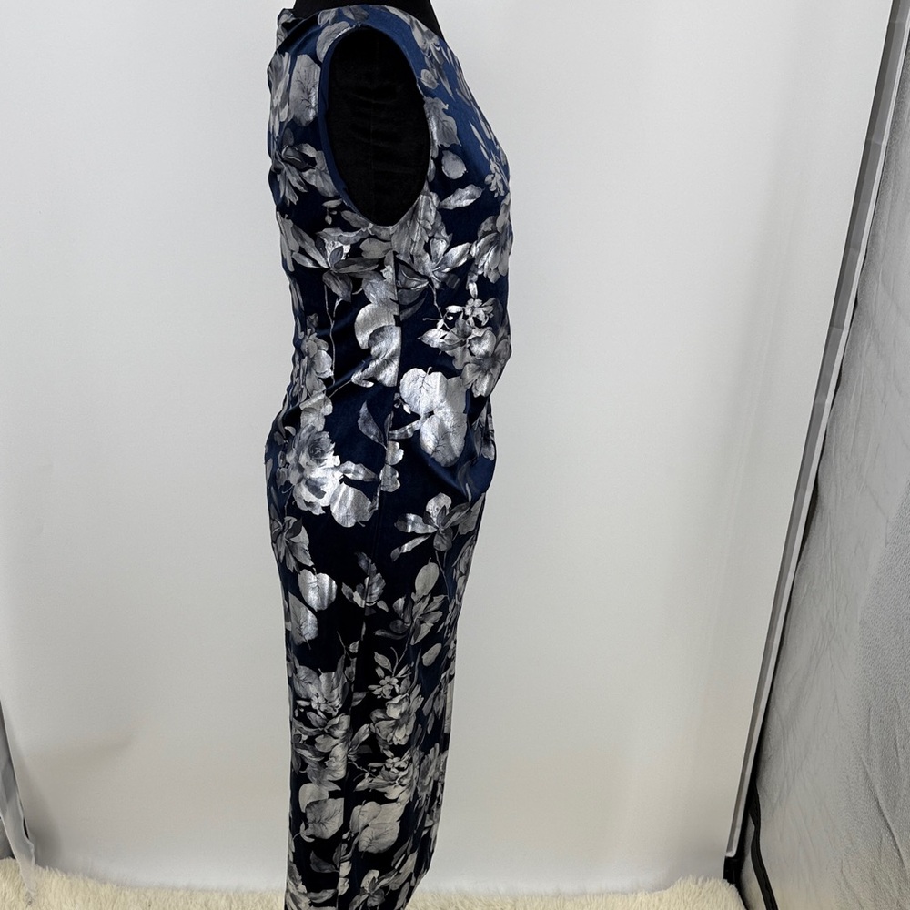 Adrianna Papell asymmetric foil velvet Floral Navy front slit  Dress size 4P - Picture 9 of 10